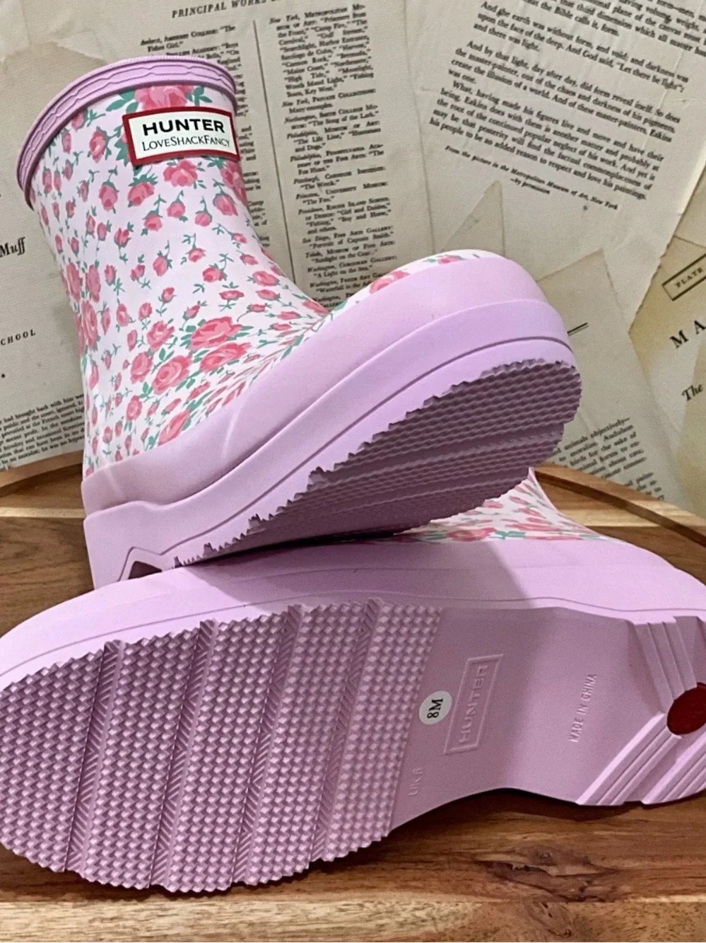 Free People Hunter LoveShackFancy Play Short Rain Boot Light Pink Roses